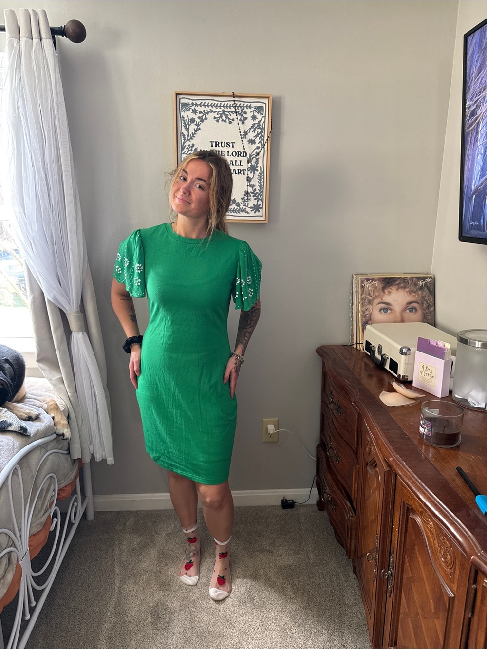 Bright Green Embroidered Puff-Sleeve Midi Dress